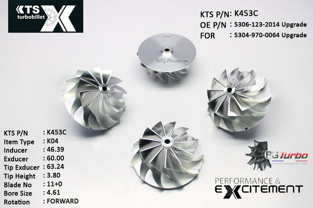 Turbo ROUE FORGÉE MFS PERFORMANCE - 11+0 PALES - INDUCER : 46,39 - EXDUCER : 60 - TYPE : K04ANGLE : 60° - ROTATION : Forward - SUPER BACK : 1,8 - BORE SIZE : 4,61
